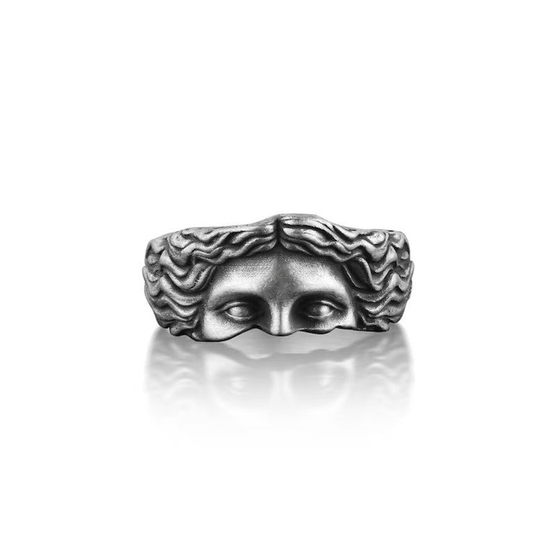 vintage face ring, antique silver ring, Greek mythology jewelry, statement art ring, sculptural ring, oxidized silver band, unisex gothic ring, artistic handmade ring, baroque-inspired jewelry, edgy fashion ring JZ-102