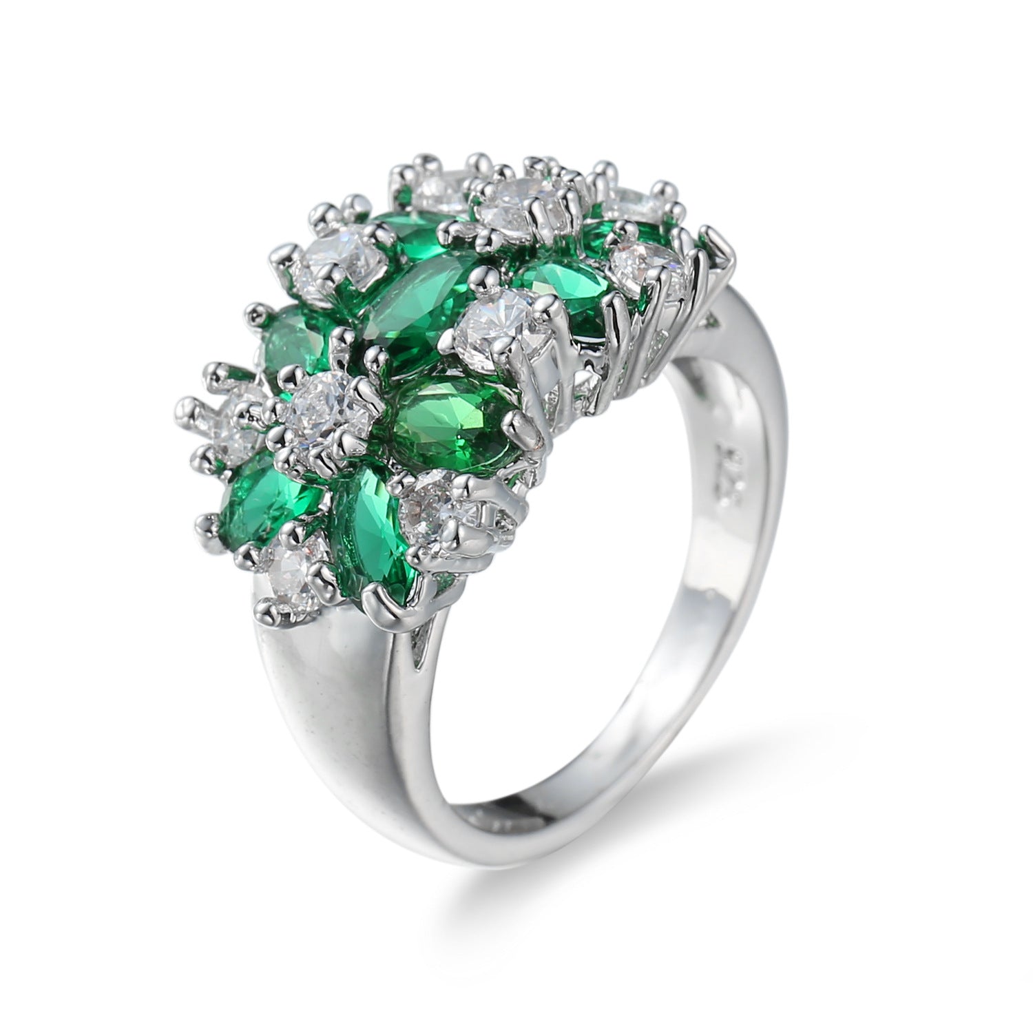 vintage gemstone ring, emerald crystal ring, floral cluster ring, silver statement ring, luxurious cocktail ring, elegant gemstone jewelry, cubic zirconia sparkle ring, timeless evening ring, glamorous green ring, classic silver jewelry JZ-103