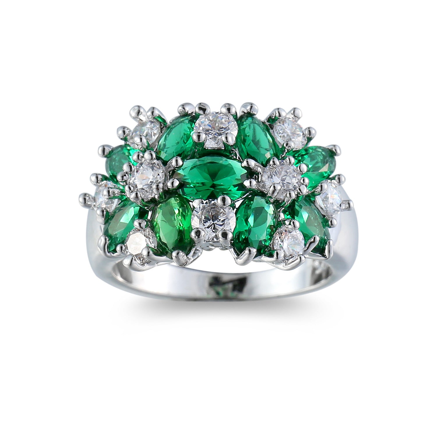 vintage gemstone ring, emerald crystal ring, floral cluster ring, silver statement ring, luxurious cocktail ring, elegant gemstone jewelry, cubic zirconia sparkle ring, timeless evening ring, glamorous green ring, classic silver jewelry JZ-103