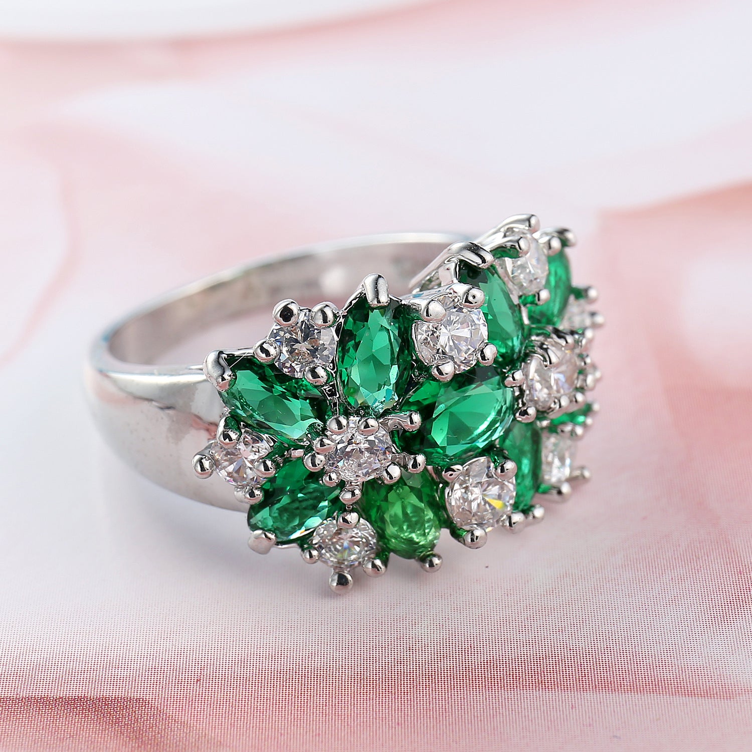 vintage gemstone ring, emerald crystal ring, floral cluster ring, silver statement ring, luxurious cocktail ring, elegant gemstone jewelry, cubic zirconia sparkle ring, timeless evening ring, glamorous green ring, classic silver jewelry JZ-103