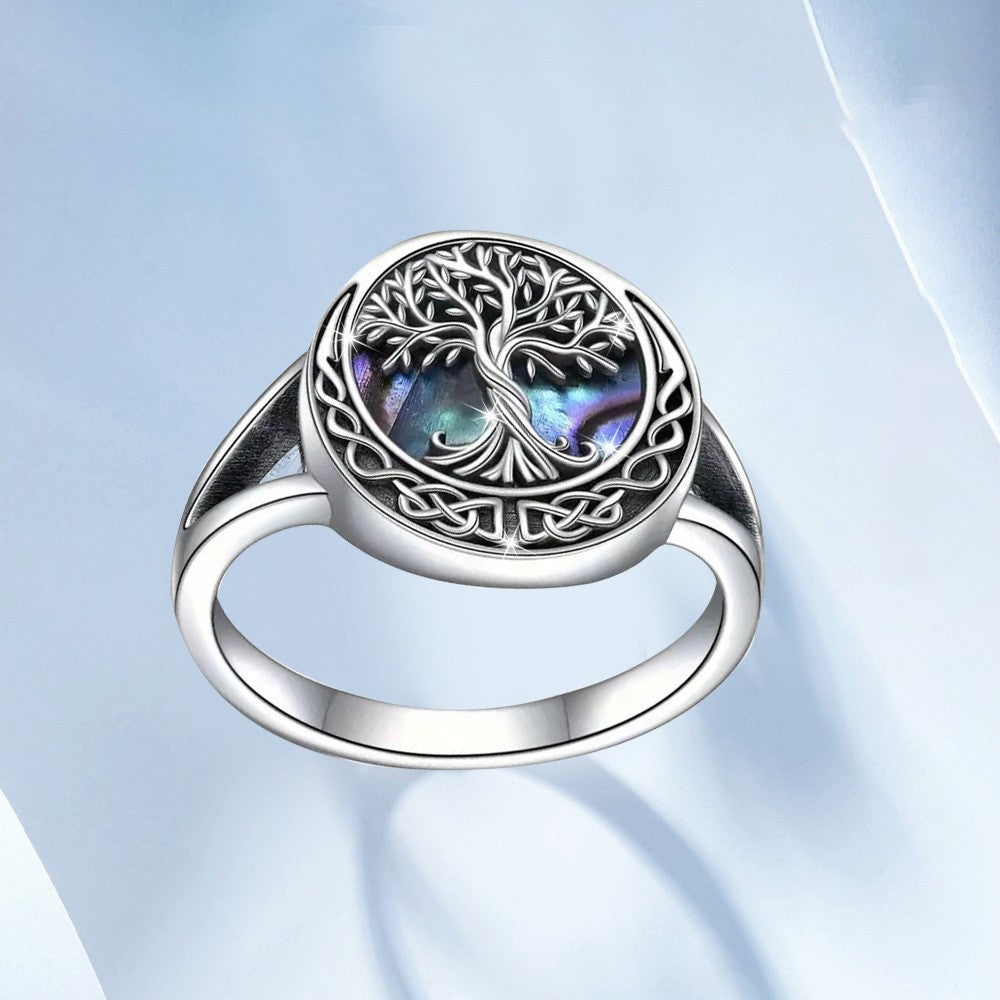 tree of life ring, Celtic silver ring, abalone shell jewelry, boho statement ring, spiritual nature ring, vintage engraved ring, meaningful jewelry, everyday silver ring, iridescent gemstone ring, symbolic gift ring JZ-104
