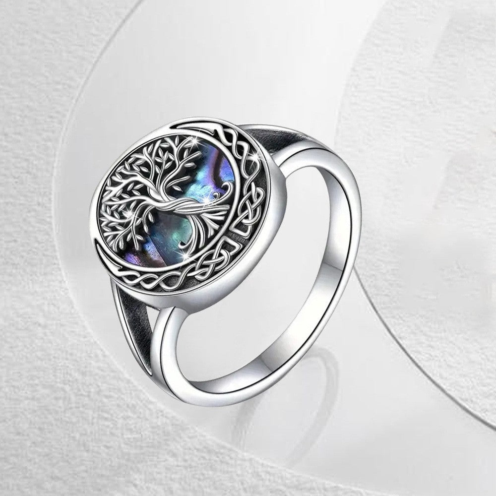 tree of life ring, Celtic silver ring, abalone shell jewelry, boho statement ring, spiritual nature ring, vintage engraved ring, meaningful jewelry, everyday silver ring, iridescent gemstone ring, symbolic gift ring JZ-104