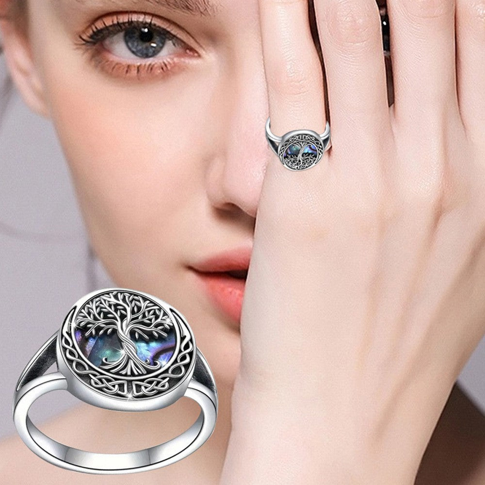tree of life ring, Celtic silver ring, abalone shell jewelry, boho statement ring, spiritual nature ring, vintage engraved ring, meaningful jewelry, everyday silver ring, iridescent gemstone ring, symbolic gift ring JZ-104
