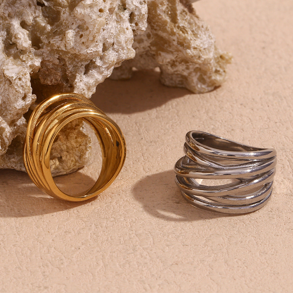 chunky statement ring, wide band ring, stainless steel ring, gold silver ring, bold minimalist jewelry, 18K gold plated ring, modern sculptural ring, everyday fashion ring, unisex style ring, waterproof durable jewelry JZ-106