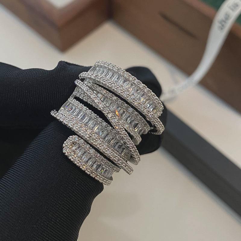 statement crystal ring, baguette zircon ring, luxury cocktail ring, stacked silver ring, iced-out fashion jewelry, multi-layer ring, party statement jewelry, cubic zirconia ring, glamorous evening ring, sparkly adjustable ring JZ-107