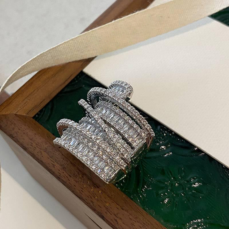 statement crystal ring, baguette zircon ring, luxury cocktail ring, stacked silver ring, iced-out fashion jewelry, multi-layer ring, party statement jewelry, cubic zirconia ring, glamorous evening ring, sparkly adjustable ring JZ-107