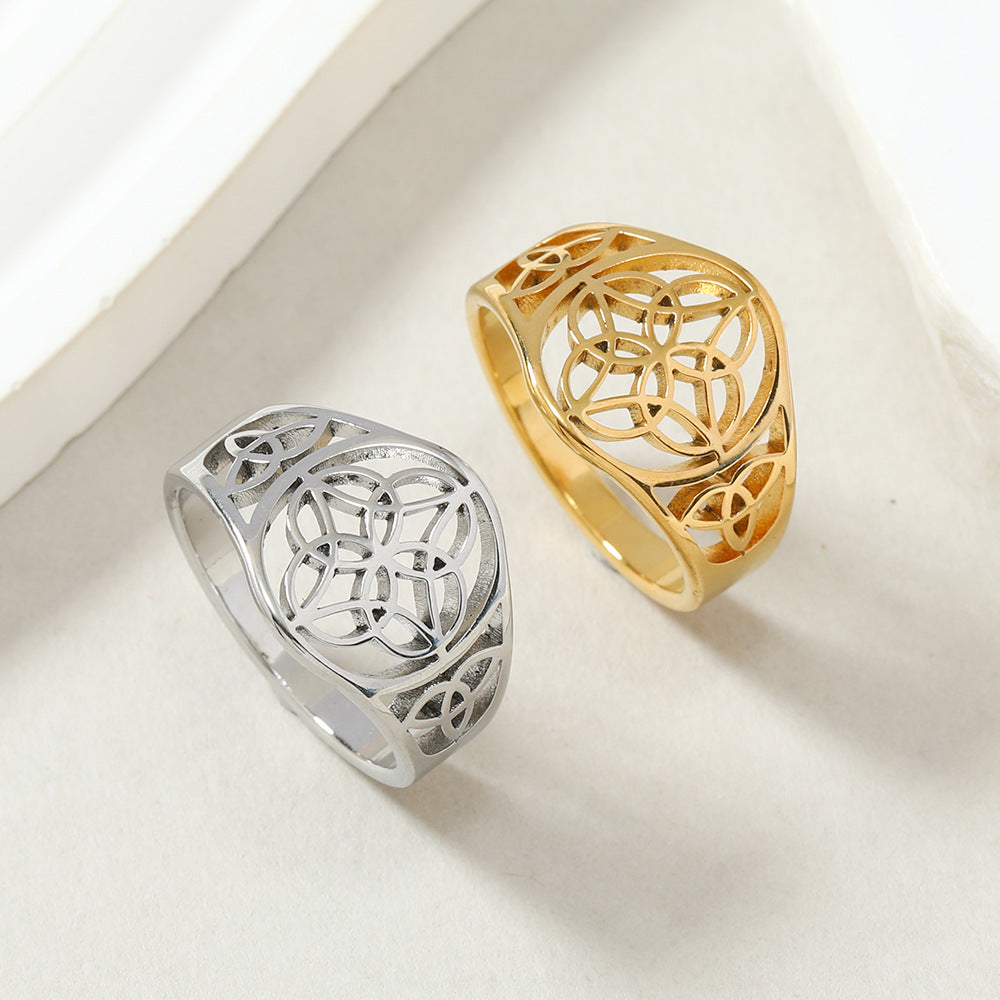 geometric statement ring, celtic knot ring, stainless steel ring, gold silver ring, boho minimalist jewelry, openwork band ring, vintage pattern ring, unisex symbolic ring, daily wear jewelry, spiritual style ring JZ-108