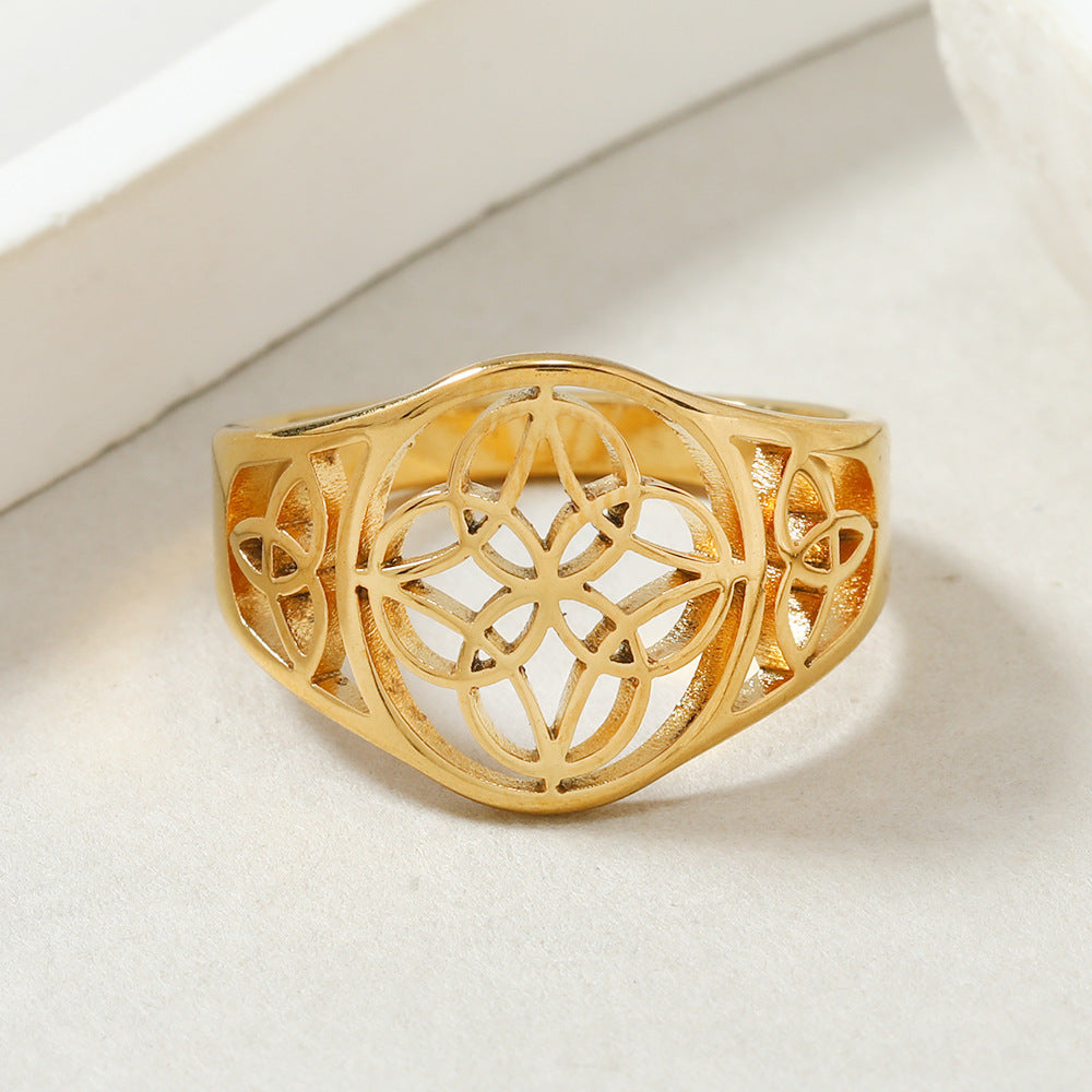 geometric statement ring, celtic knot ring, stainless steel ring, gold silver ring, boho minimalist jewelry, openwork band ring, vintage pattern ring, unisex symbolic ring, daily wear jewelry, spiritual style ring JZ-108