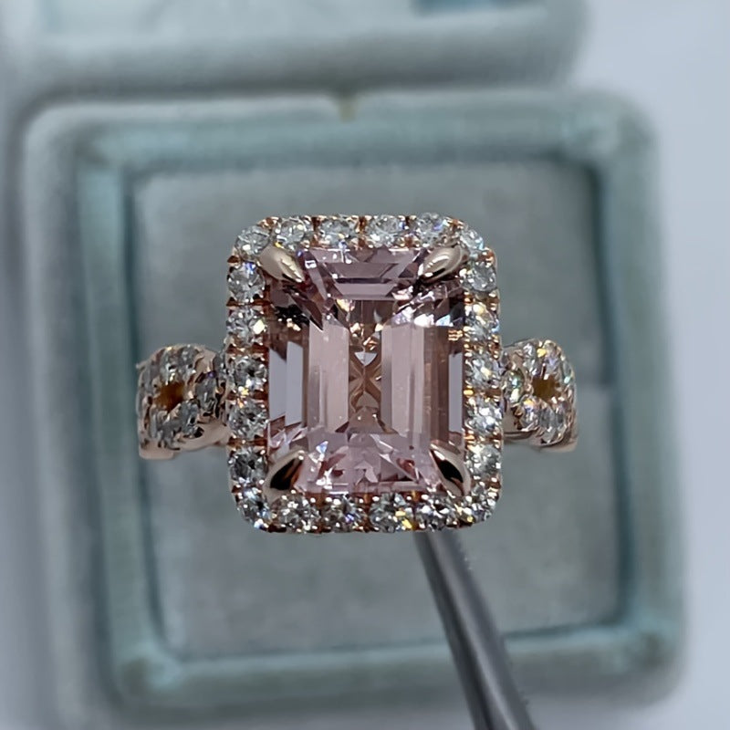 pink gemstone ring, emerald cut ring, halo engagement ring, rose gold statement ring, luxury cocktail ring, vintage glam ring, sparkly crystal jewelry, feminine pink ring, wedding party jewelry, timeless elegant ring JZ-109