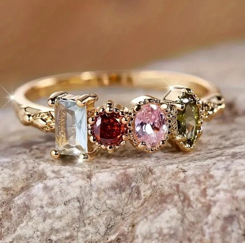 multicolor gemstone ring, gold rainbow ring, vintage statement ring, colorful crystal jewelry, boho chic ring, cocktail party ring, romantic gemstone band, pastel crystal ring, elegant stacking ring, daily sparkle jewelry JZ-110