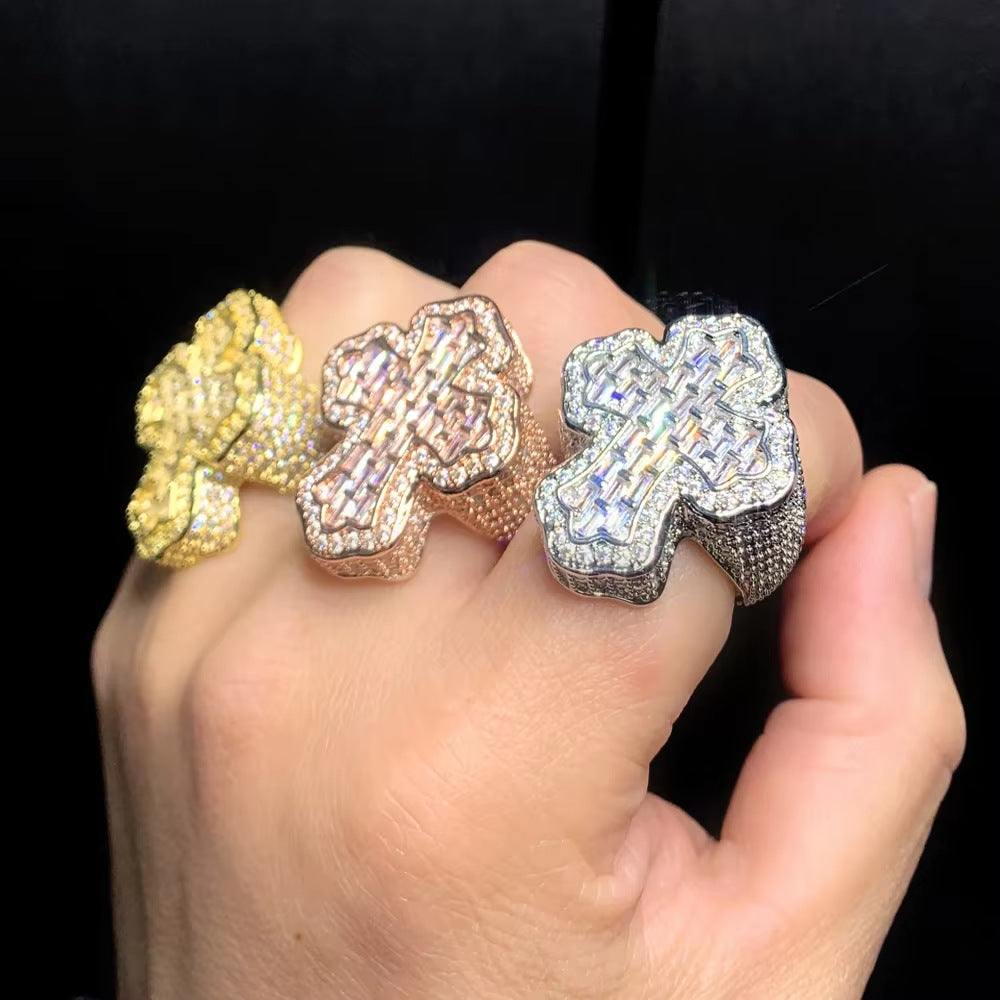 iced cross ring, hip hop statement ring, iced out jewelry, bling fashion ring, pavé crystal cross ring, gold silver rose gold ring, bold streetwear ring, luxury rapper style ring, unisex statement jewelry, diamond shine ring JZ-112