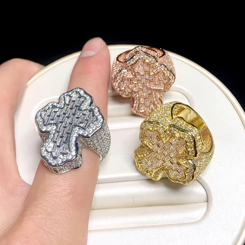 iced cross ring, hip hop statement ring, iced out jewelry, bling fashion ring, pavé crystal cross ring, gold silver rose gold ring, bold streetwear ring, luxury rapper style ring, unisex statement jewelry, diamond shine ring JZ-112