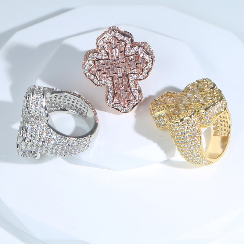 iced cross ring, hip hop statement ring, iced out jewelry, bling fashion ring, pavé crystal cross ring, gold silver rose gold ring, bold streetwear ring, luxury rapper style ring, unisex statement jewelry, diamond shine ring JZ-112