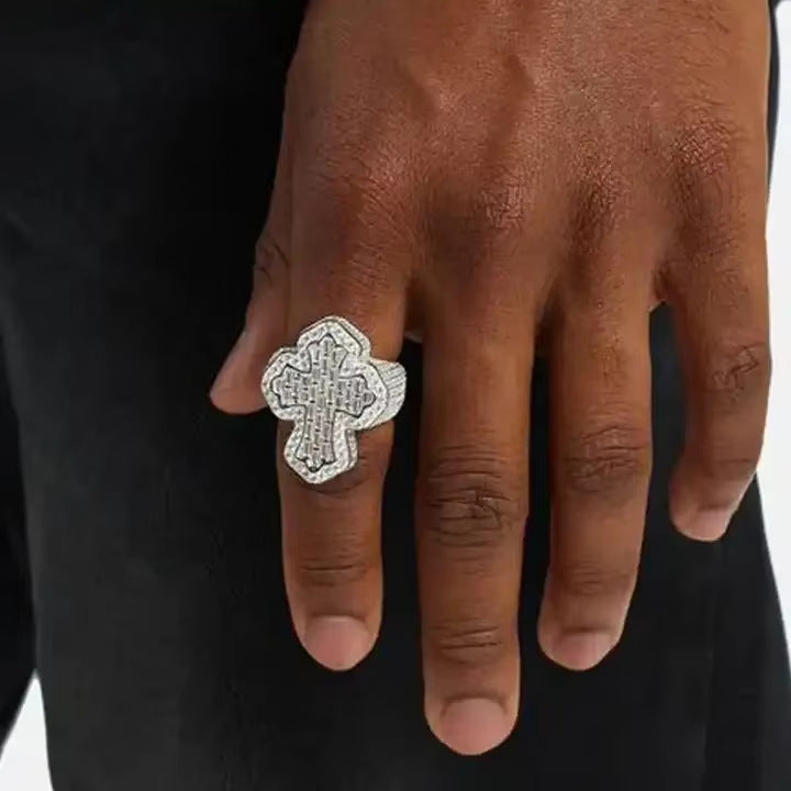 iced cross ring, hip hop statement ring, iced out jewelry, bling fashion ring, pavé crystal cross ring, gold silver rose gold ring, bold streetwear ring, luxury rapper style ring, unisex statement jewelry, diamond shine ring JZ-112