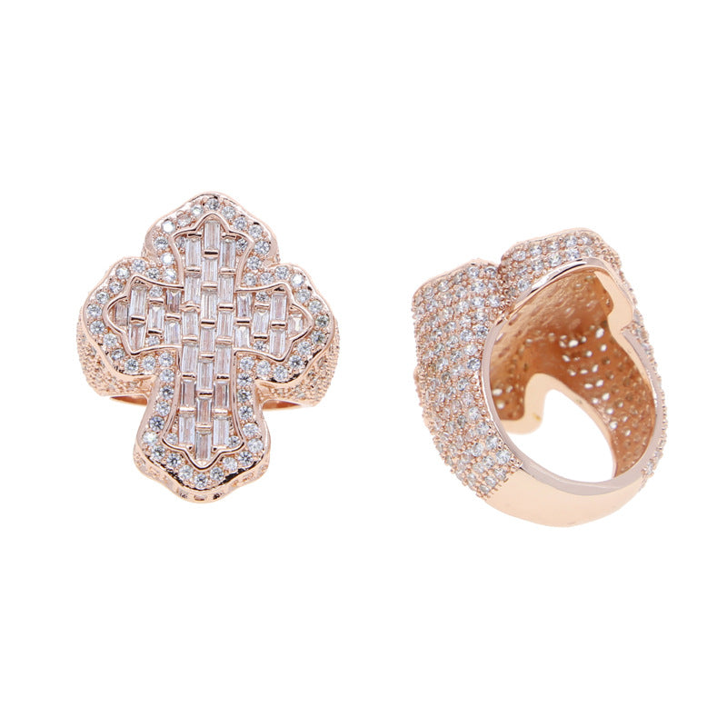iced cross ring, hip hop statement ring, iced out jewelry, bling fashion ring, pavé crystal cross ring, gold silver rose gold ring, bold streetwear ring, luxury rapper style ring, unisex statement jewelry, diamond shine ring JZ-112