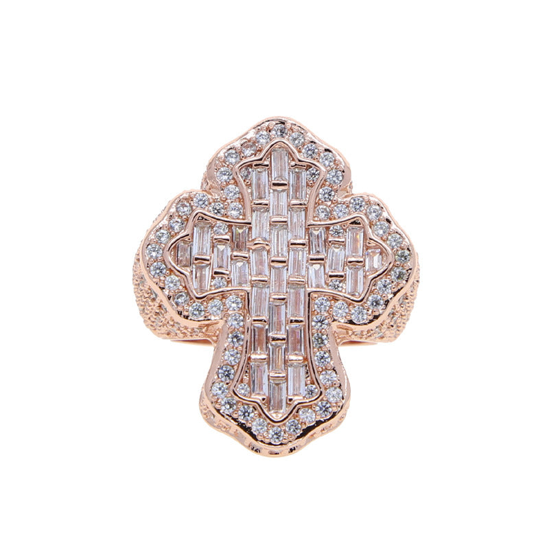 iced cross ring, hip hop statement ring, iced out jewelry, bling fashion ring, pavé crystal cross ring, gold silver rose gold ring, bold streetwear ring, luxury rapper style ring, unisex statement jewelry, diamond shine ring JZ-112