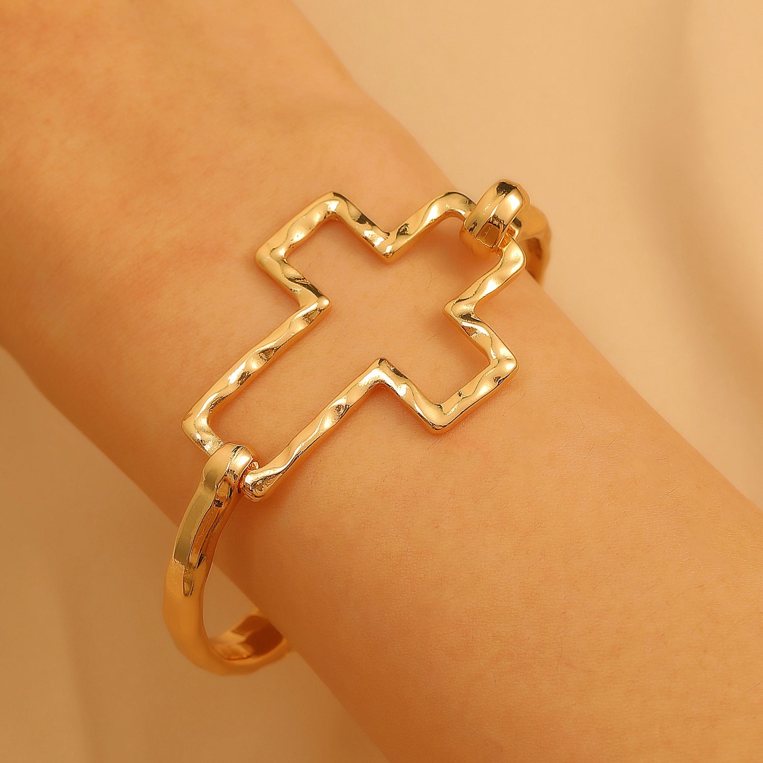cross bracelet, minimalist bangle, open cross cuff, gold silver bracelet, faith jewelry, modern religious jewelry, adjustable bracelet, daily wear bangle, chic spiritual accessory, geometric statement bracelet SL-091