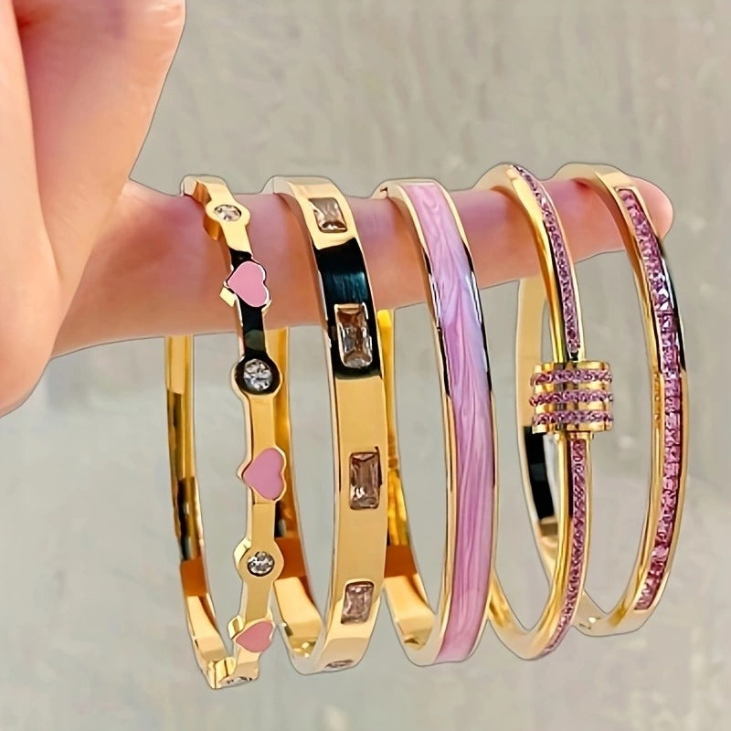 stackable bangles, enamel bracelet set, gold cuff bracelet, heart bangle, crystal bangle, pastel bracelet, minimalist jewelry, layering bangles, chic daily accessory, statement arm stack SL-092