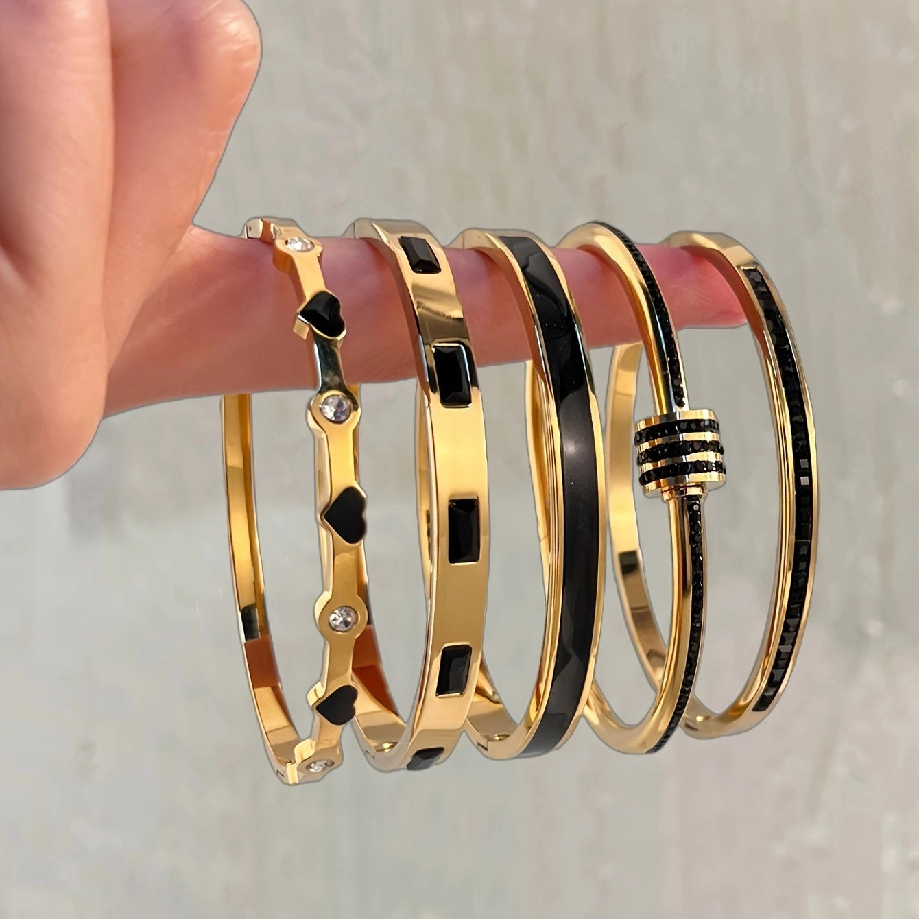 stackable bangles, enamel bracelet set, gold cuff bracelet, heart bangle, crystal bangle, pastel bracelet, minimalist jewelry, layering bangles, chic daily accessory, statement arm stack SL-092