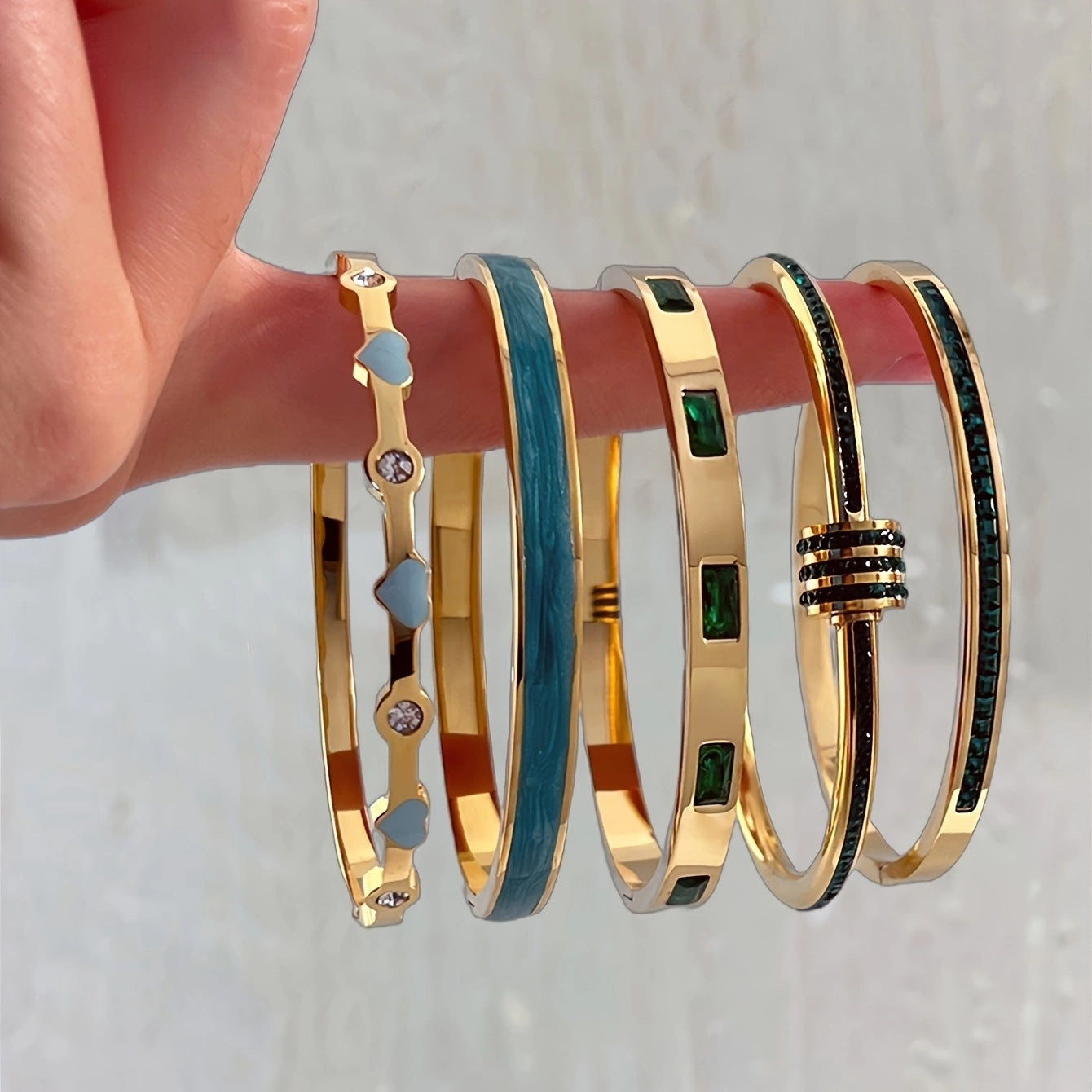 stackable bangles, enamel bracelet set, gold cuff bracelet, heart bangle, crystal bangle, pastel bracelet, minimalist jewelry, layering bangles, chic daily accessory, statement arm stack SL-092