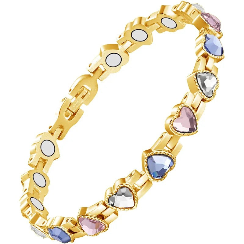 heart crystal bracelet, colorful stone bracelet, stainless steel jewelry, romantic bracelet, elegant charm bangle, minimalist bracelet, daily wear jewelry, gold silver bracelet, love gift jewelry, statement heart bracelet SL-093