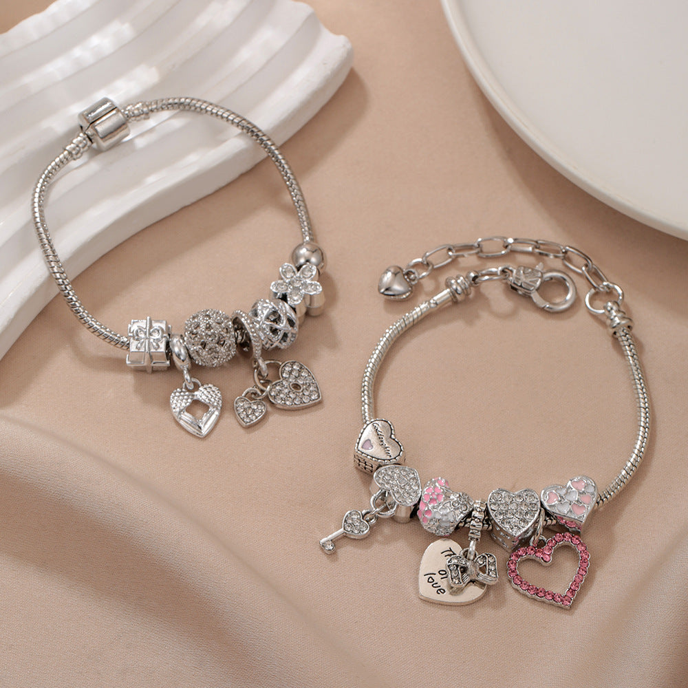 charm bracelet, heart charm bracelet, silver snake chain bracelet, crystal beads bracelet, romantic jewelry, adjustable bracelet, everyday jewelry, statement charm bangle, love key bracelet, fashion gift for her SL-094