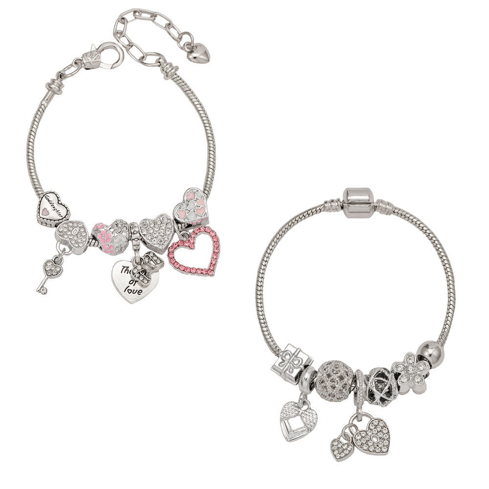 charm bracelet, heart charm bracelet, silver snake chain bracelet, crystal beads bracelet, romantic jewelry, adjustable bracelet, everyday jewelry, statement charm bangle, love key bracelet, fashion gift for her SL-094