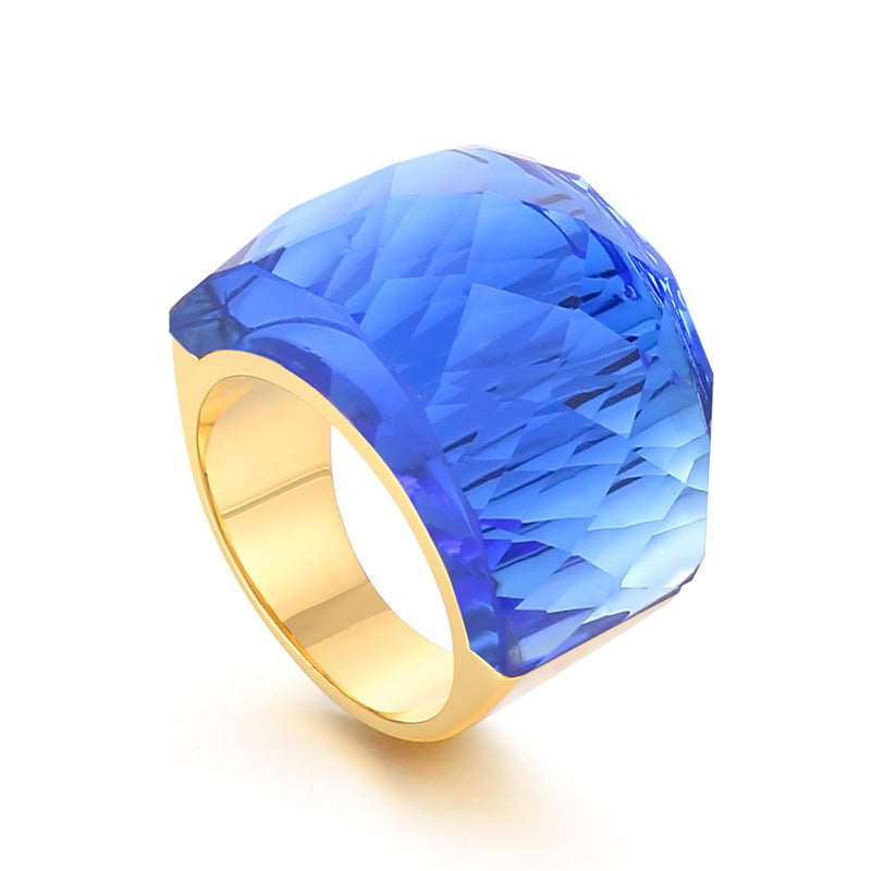 chunky statement ring, colorful crystal ring, bold fashion jewelry, geometric ring, gold tone ring, resin gemstone ring, minimalist statement ring, cocktail party jewelry, artistic jewelry, vibrant everyday accessory JZ-114