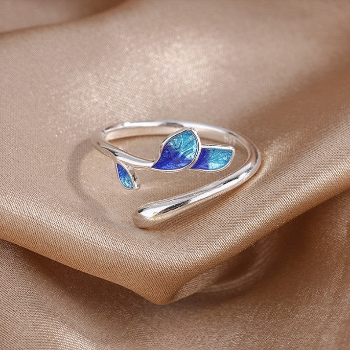 leaf ring, adjustable silver ring, minimalist nature jewelry, enamel leaf ring, boho silver ring, blue green leaf design, daily wear ring, elegant adjustable ring, dainty botanical jewelry, nature inspired accessory JZ-115