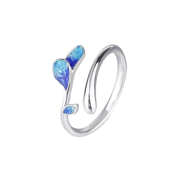 leaf ring, adjustable silver ring, minimalist nature jewelry, enamel leaf ring, boho silver ring, blue green leaf design, daily wear ring, elegant adjustable ring, dainty botanical jewelry, nature inspired accessory JZ-115