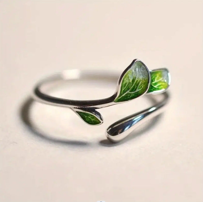 leaf ring, adjustable silver ring, minimalist nature jewelry, enamel leaf ring, boho silver ring, blue green leaf design, daily wear ring, elegant adjustable ring, dainty botanical jewelry, nature inspired accessory JZ-115