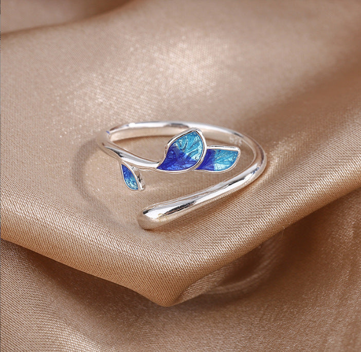 leaf ring, adjustable silver ring, minimalist nature jewelry, enamel leaf ring, boho silver ring, blue green leaf design, daily wear ring, elegant adjustable ring, dainty botanical jewelry, nature inspired accessory JZ-115