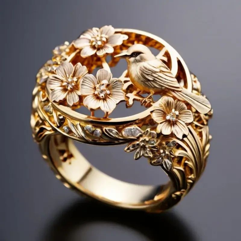 bird flower ring, 3D floral gold ring, vintage nature jewelry, statement gold ring, luxury garden ring, artistic bird design, intricate carved ring, elegant cocktail jewelry, nature inspired ring, baroque style accessory JZ-117