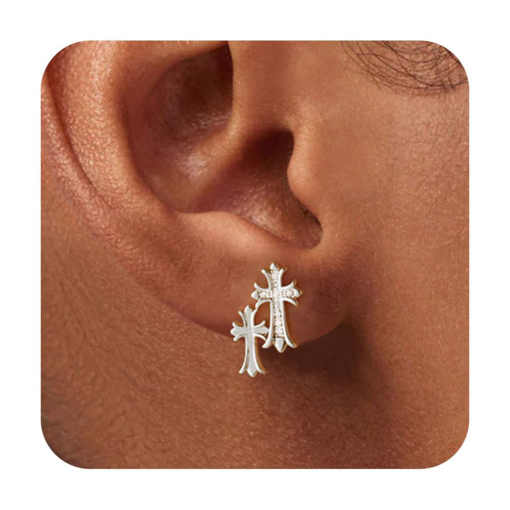 cross earrings, gold cross studs, silver cross earrings, gothic style, minimalist jewelry, edgy earrings, unisex design, everyday wear, layered cross, statement studs EH-066
