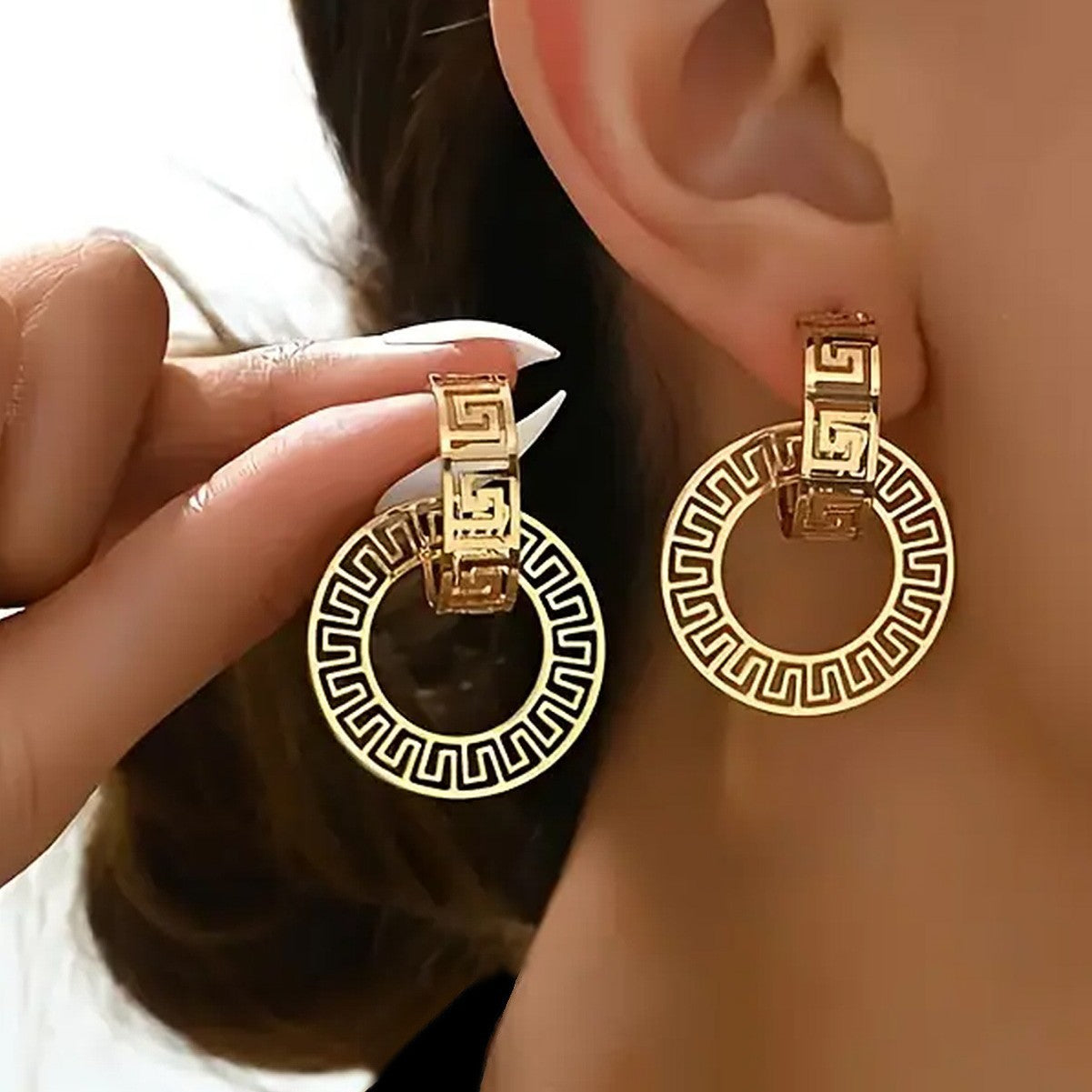 geometric earrings, gold statement earrings, minimalist hoops, stainless steel jewelry, greek pattern, luxury style, bold earrings, daily wear, modern chic, retro gold earrings EH-070