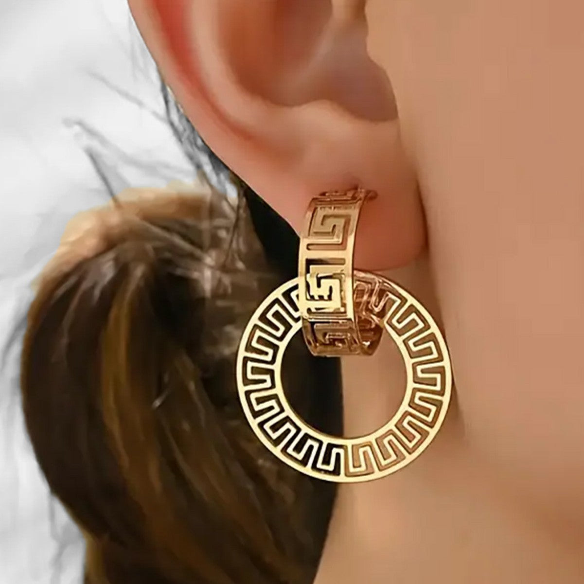 geometric earrings, gold statement earrings, minimalist hoops, stainless steel jewelry, greek pattern, luxury style, bold earrings, daily wear, modern chic, retro gold earrings EH-070