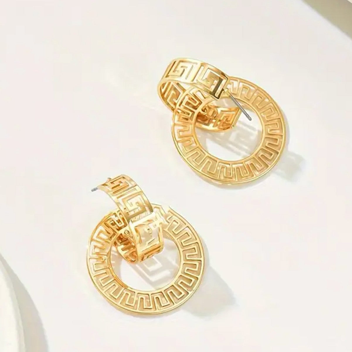 geometric earrings, gold statement earrings, minimalist hoops, stainless steel jewelry, greek pattern, luxury style, bold earrings, daily wear, modern chic, retro gold earrings EH-070