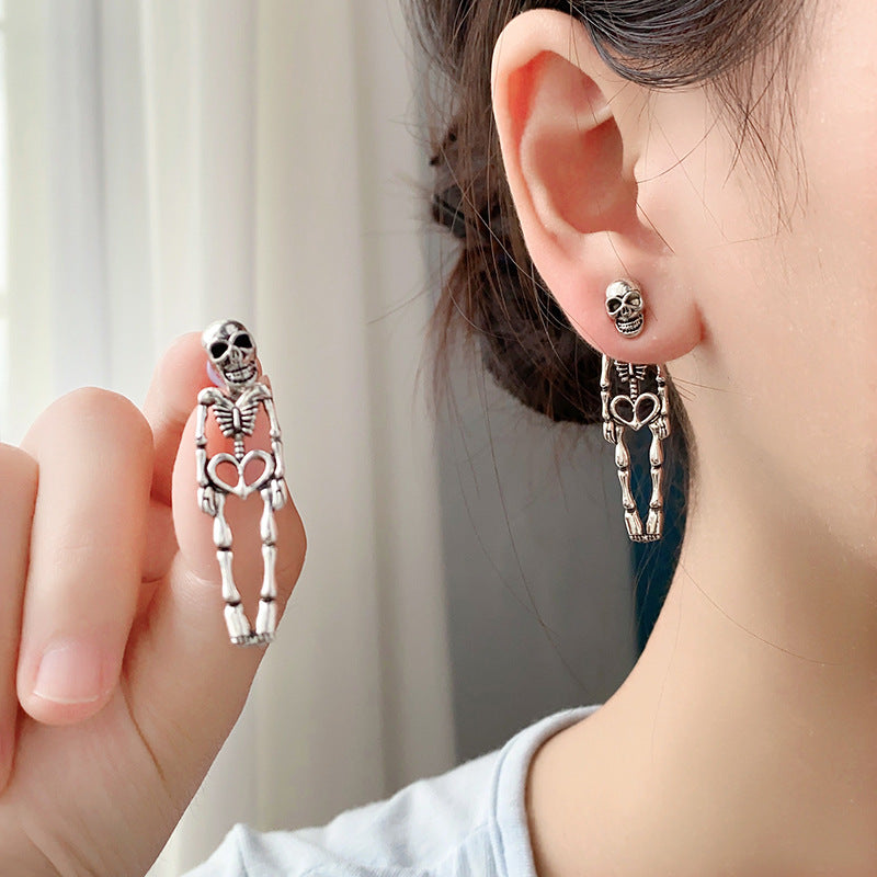 skeleton earrings, gothic jewelry, punk earrings, halloween style, silver statement earrings, edgy design, vintage skeleton studs, bold fashion, daily casual gothic, cool accessories EH-069