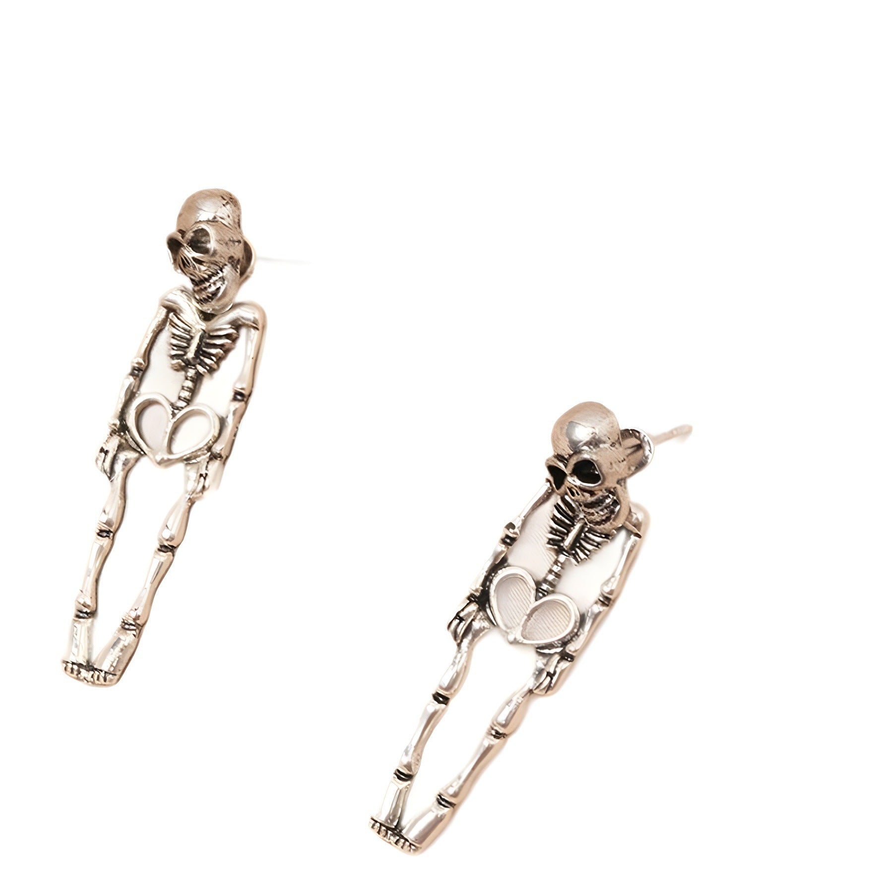 skeleton earrings, gothic jewelry, punk earrings, halloween style, silver statement earrings, edgy design, vintage skeleton studs, bold fashion, daily casual gothic, cool accessories EH-069
