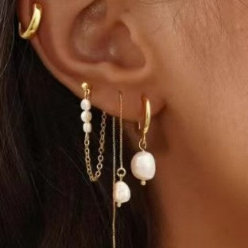 earring set, gold huggie hoops, pearl studs, minimalist jewelry, layering earrings, crystal hoops, dainty set, daily wear, mix and match, elegant style EH-072