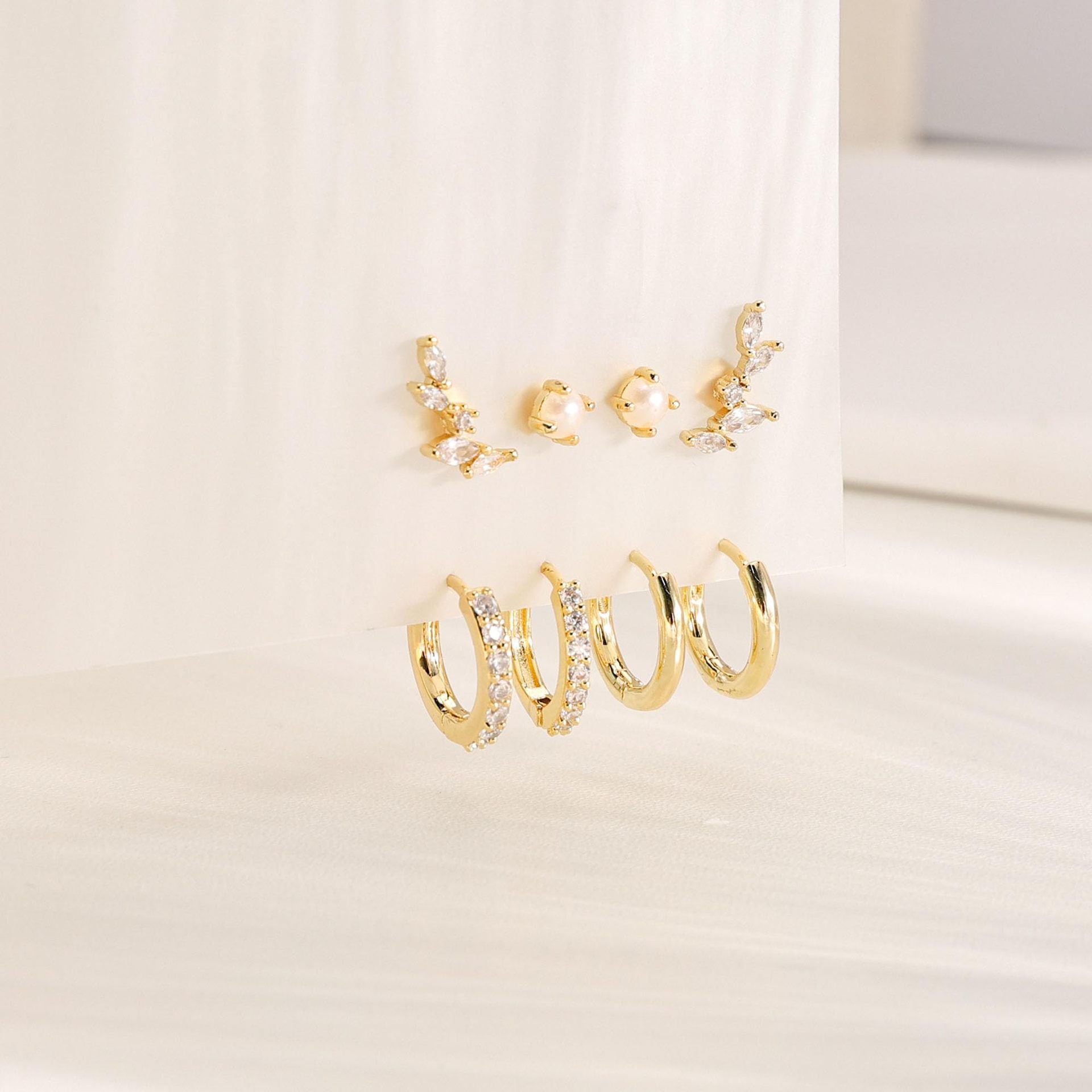 earring set, gold huggie hoops, pearl studs, minimalist jewelry, layering earrings, crystal hoops, dainty set, daily wear, mix and match, elegant style EH-072