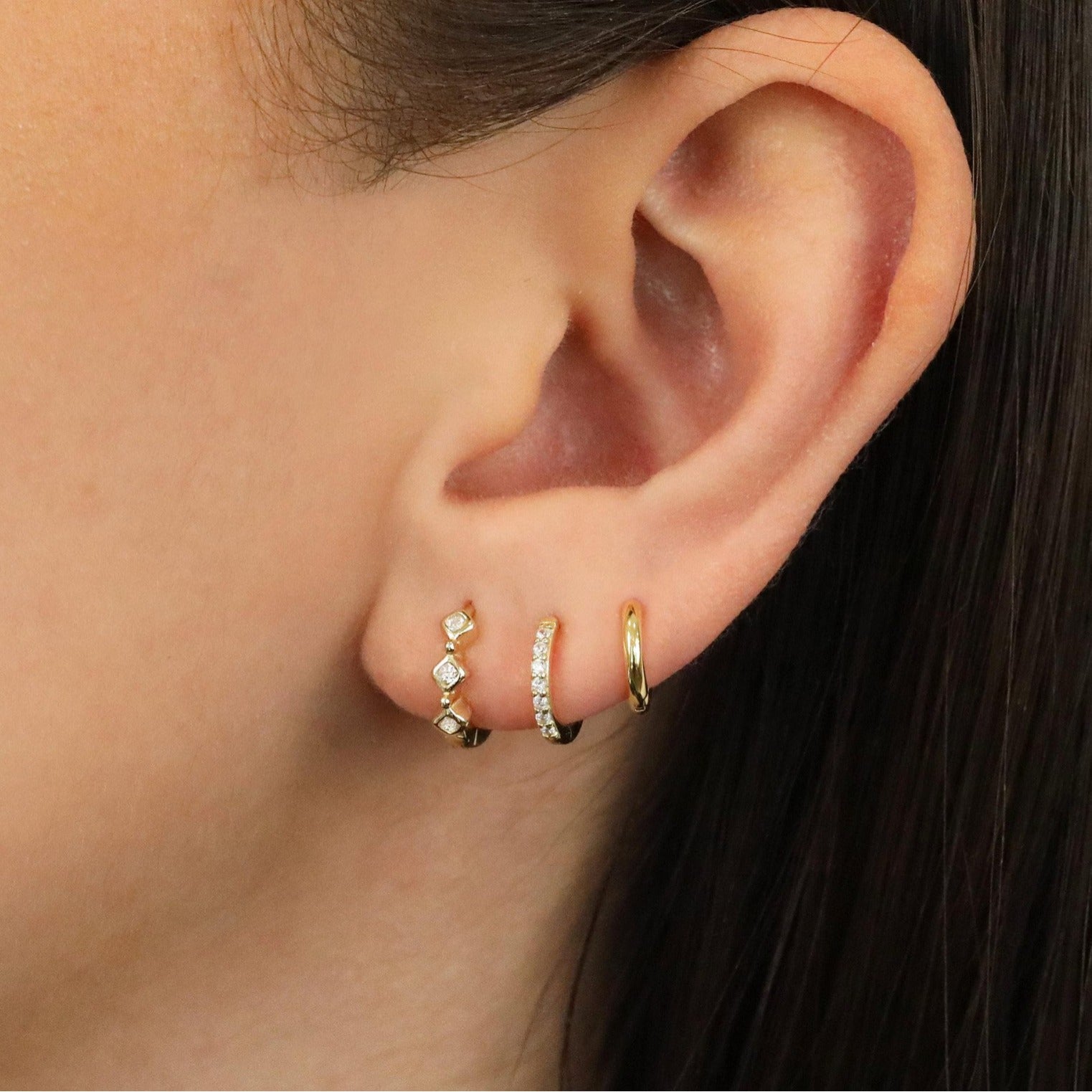 gold earring set, minimalist hoops, dainty studs, cubic zirconia earrings, layered ear stack, everyday jewelry, small hoop earrings, gold plated, delicate sparkle, mix and match EH-073