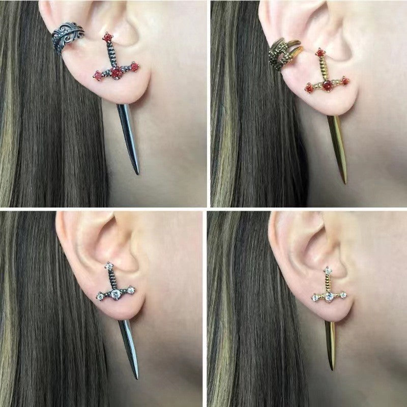 sword earrings, gothic jewelry, punk style, edgy accessories, dagger earrings, stainless steel, dark aesthetic, street style, unisex jewelry, statement earrings Eh-079