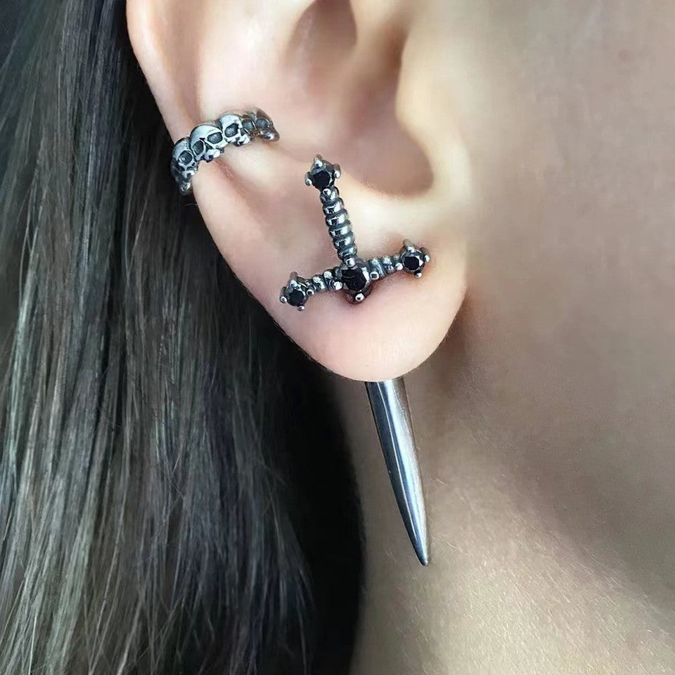 sword earrings, gothic jewelry, punk style, edgy accessories, dagger earrings, stainless steel, dark aesthetic, street style, unisex jewelry, statement earrings Eh-079