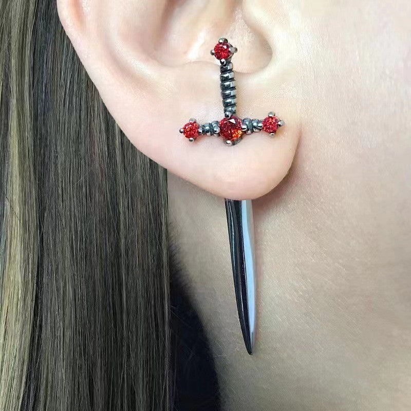 sword earrings, gothic jewelry, punk style, edgy accessories, dagger earrings, stainless steel, dark aesthetic, street style, unisex jewelry, statement earrings Eh-079