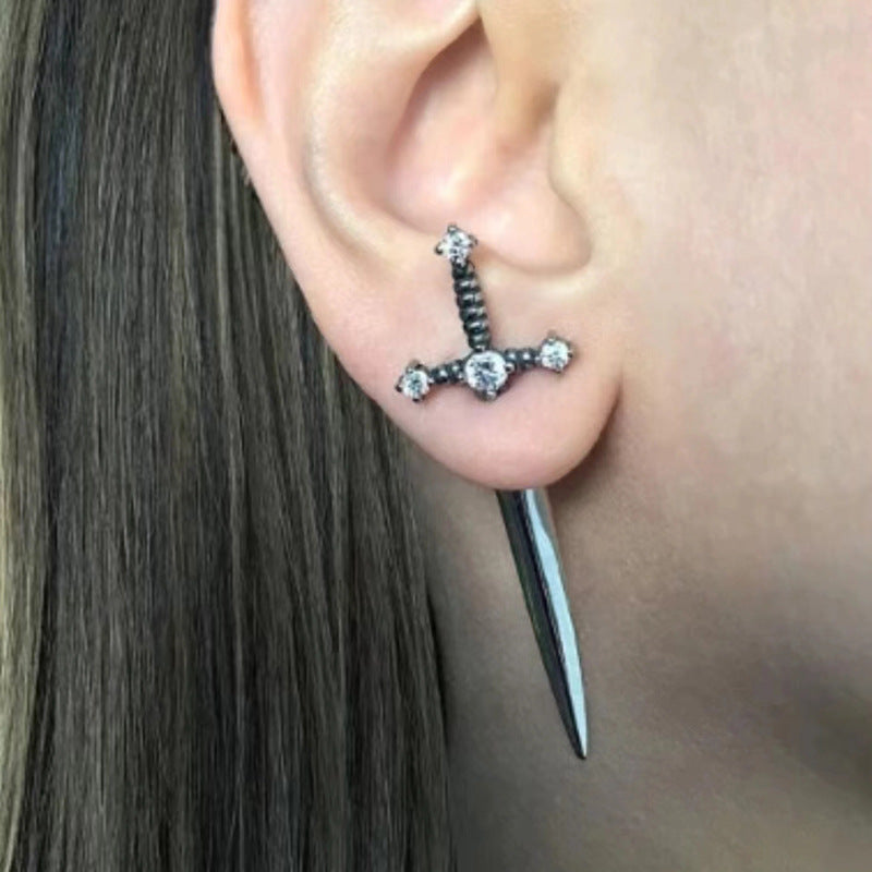 sword earrings, gothic jewelry, punk style, edgy accessories, dagger earrings, stainless steel, dark aesthetic, street style, unisex jewelry, statement earrings Eh-079