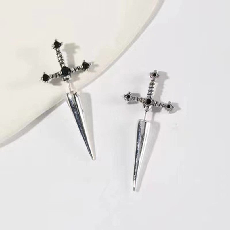 sword earrings, gothic jewelry, punk style, edgy accessories, dagger earrings, stainless steel, dark aesthetic, street style, unisex jewelry, statement earrings Eh-079