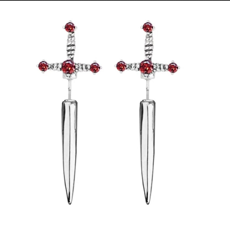 sword earrings, gothic jewelry, punk style, edgy accessories, dagger earrings, stainless steel, dark aesthetic, street style, unisex jewelry, statement earrings Eh-079