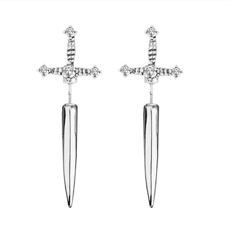sword earrings, gothic jewelry, punk style, edgy accessories, dagger earrings, stainless steel, dark aesthetic, street style, unisex jewelry, statement earrings Eh-079