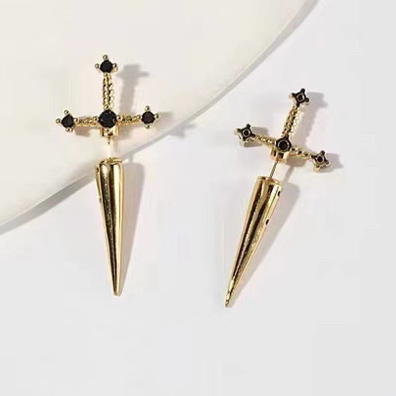 sword earrings, gothic jewelry, punk style, edgy accessories, dagger earrings, stainless steel, dark aesthetic, street style, unisex jewelry, statement earrings Eh-079